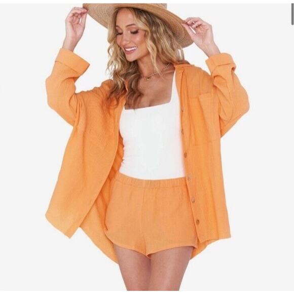 Show Me Your Mumu Orange Button Down Cotton Small Oversized Beach Pool Tunic W21 - Picture 1 of 8